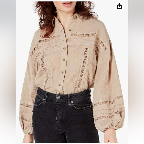 Free People Summer Stars Beige Top Small bottom bohemian balloon sleeve crochet - Picture 1 of 10